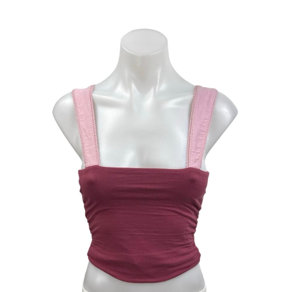 Free People 2 Tone Maroon Sleeveless Cami Camisole Square Neck Crop Tank Top XS